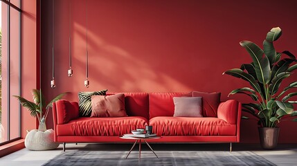 The living room with a viva magenta red wall background mockup, furnished with a red sofa and modern furniture, vibrant and trendy