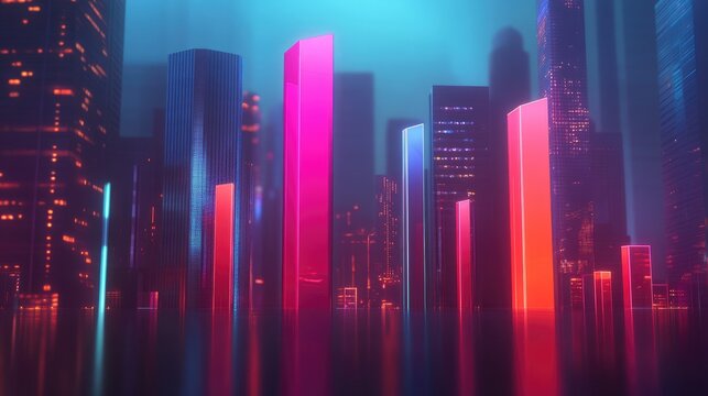 A sleek 3D bar chart with glowing, transparent bars and a futuristic design, capturing the essence of business analytics and financial data visualization