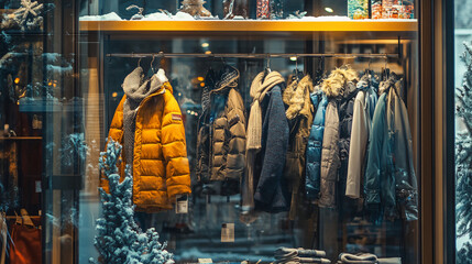 A trendy winter fashion boutique with clothing racks displaying stylish winter jackets and scarves, with snow visible outside.