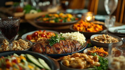 Obraz premium Numerous delicious snacks are surrounding on the table, Warm festive table setting with variety of dishes and foods, A vibrant table bursting with various dishes of various foods.