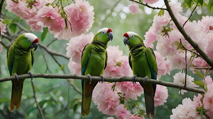 Green parrots on a bare branch with white pink flowers in full bloom.