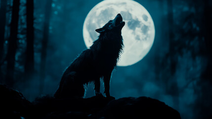 Wolf howling on full Moon in dark forest, grim feeling