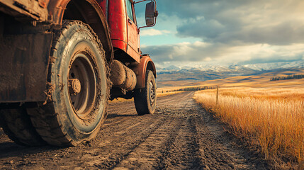 Obraz premium A truck with a broken axle blocking a rural dirt road.
