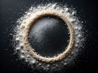 Sugar Powder Round Frame, White Flour Background, Salt Particles: Culinary Photography