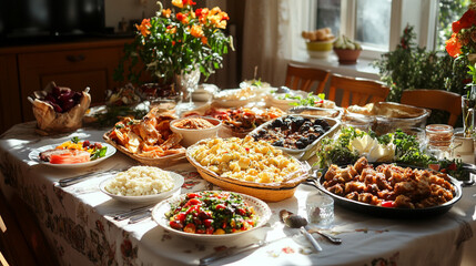 Numerous delicious snacks are surrounding on the table, Warm festive table setting with variety of dishes and foods,  A vibrant table bursting with various dishes of various foods.