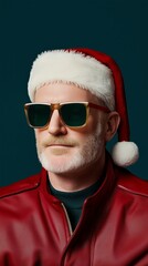 Portrait of a man with a white beard, wearing sunglasses, a Santa hat, and a red leather jacket, against a dark green background.