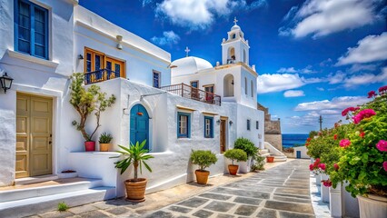 Fototapeta premium Traditional Vintage Greek Architecture Under Blue Sky â€“ Captivating White Walls and Colorful Elements in a Horizontal Composition for Travel and Culture Photography