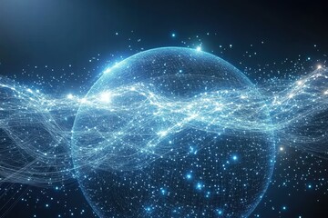 Dynamic energy waves surrounding a bright sphere abstract digital art sci-fi concept dark background futuristic viewpoint
