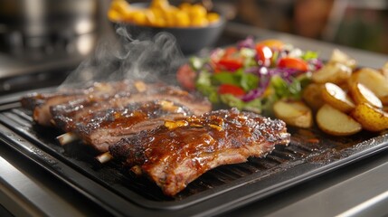 A steaming hot plate of grilled pork ribs with a tangy barbecue glaze, served with crispy potato wedges and a colorful side salad