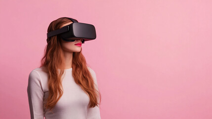 Fototapeta premium Businesswoman Engaging with Virtual Reality Modern Office Digital Innovation Minimalist Design Side View Technology Empowerment