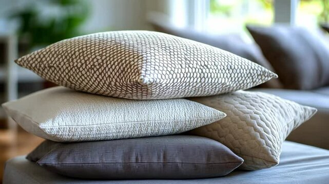 Decorative pillows stacked on a couch in a bright and cozy living room setting