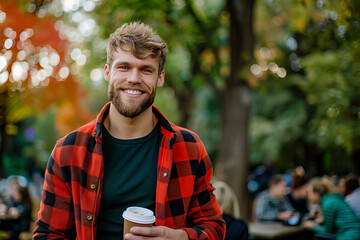 A man with a beard is smiling and holding a coffee cup