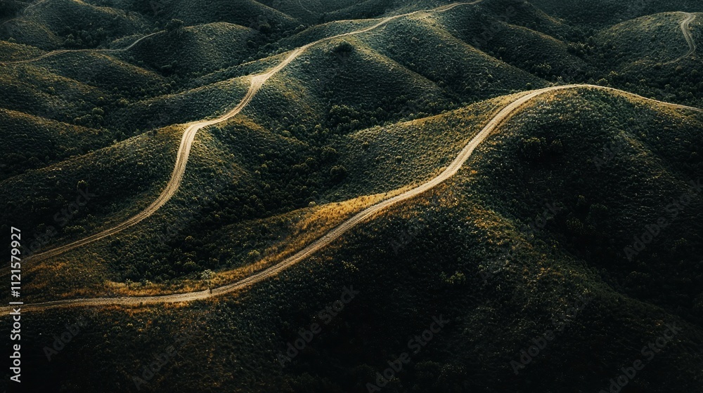 Poster aerial view reveals the enchanting contours of rolling hills adorned with winding trails. sunlight d