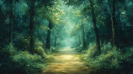 A serene forest path with lush greenery, dappled light filtering through the trees, inviting exploration and tranquility.