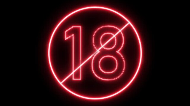18+ not allowed icon, No under 18 sing  icon animation on black background.