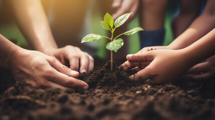 Fototapeta premium Caring hands gently planting and nurturing a young seedling symbolizing the growth hope and potential for a sustainable future The image represents the essence of environmental stewardship