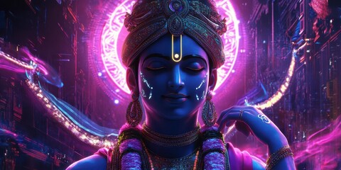 Fototapeta premium Krishna in a neon-lit cyberpunk environment, spiritual energy radiating from his form, sacred motifs enhanced by futuristic aesthetics