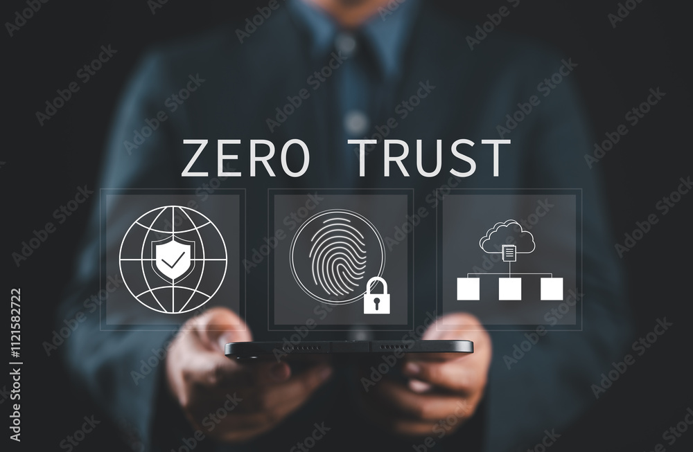 Poster Zero trust security concept, Person using tablet with zero trust icons on virtual screen for business information security network.