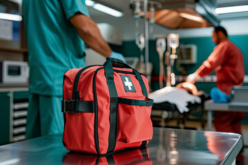 A red bag with a red cross on it sits on a table in a hospital