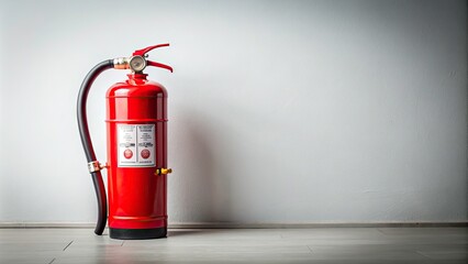 Obraz premium Vintage Style Red Fire Extinguisher with Hose on White Background - Classic Safety Equipment, Fire Safety, Retro Design, Emergency Preparedness, Industrial Decor