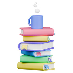3D Rendering Colorful Stack of Books with a Mug