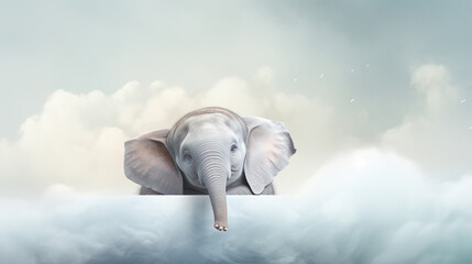 Floating baby elephant appears in the ethereal cloud filled sky creating a whimsical imaginative and conceptual digital art scene that evokes a sense of wonder magic and the unexplained