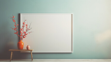 Minimalist and modern desk setup with vase of flowers framed wall art and natural plants in a cozy and stylish home office environment