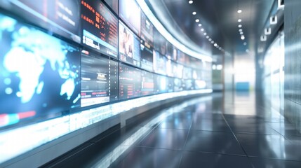 Blurred wall of television screens broadcasting 24/7 news and media. Concept of internet, AI, and nonstop data.