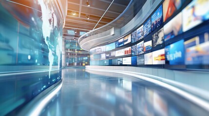 Blurred wall of television screens broadcasting 24/7 news and media. Concept of internet, AI, and nonstop data.