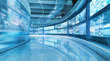 Blurred wall of television screens broadcasting 24/7 news and media. Concept of internet, AI, and nonstop data.