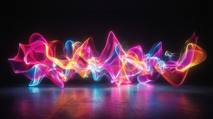 A vibrant display of multicolored neon lights in abstract shapes, glowing brightly against a black background for a dynamic visual