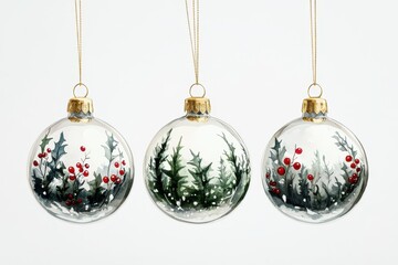 christmas balls and decorations on solid white background