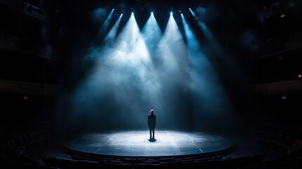 Solo figure on stage, spotlights, empty seats.