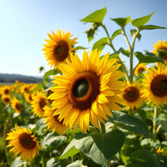 Fototapeta premium Natural landscape of sunflowers field on sunny day