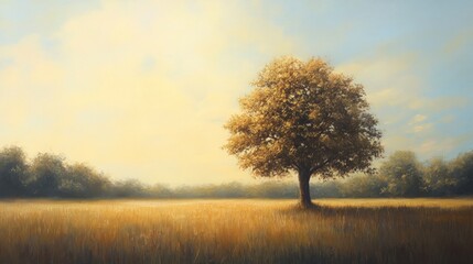 Fototapeta premium Solitary tree in golden field, serene sunset.