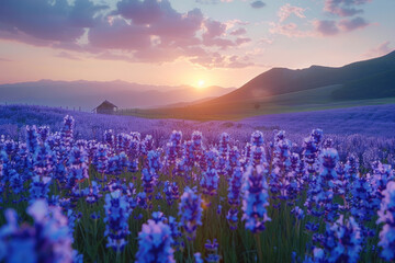 Naklejka premium blue lavender flowers blossoming on vast field in peaceful summer farmland. 