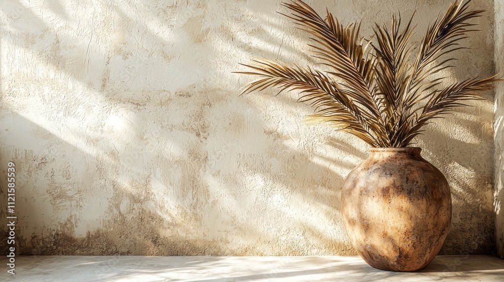 Poster Sunlight streams through space, casting delicate shadows on a textured wall. An ancient pottery vase holds lush palm fronds, exuding a timeless elegance and natural beauty