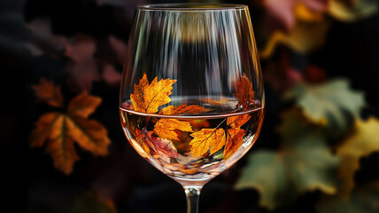 A glass of wine with reflections of autumn leaves swirling inside