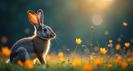Fototapeta premium Hares in spring folklore, hopping through a dreamy yellow and gray landscape, surrounded by glowing golden fireflies. A whimsical HD 4k photo with vibrant party lights.