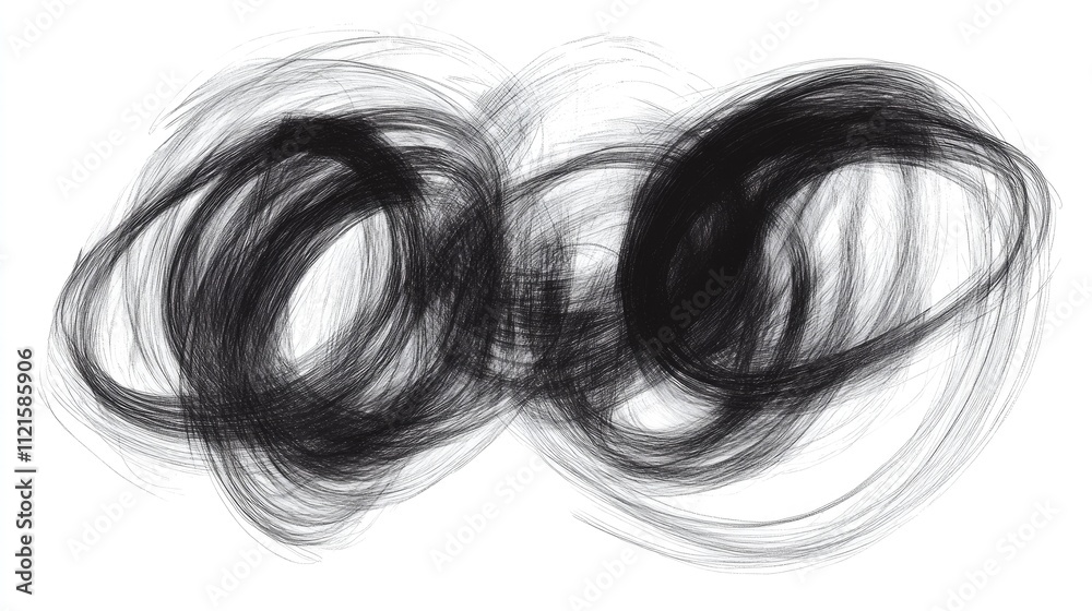Poster abstract scribbled lines in various thicknesses creating a layered effect, with black ink on a white