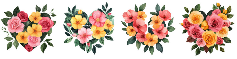 Naklejka premium Rose with heart concept. Heart shaped floral arrangements featuring pink and yellow wild roses and hibiscus, surrounded by lush green leaves, create vibrant and romantic display