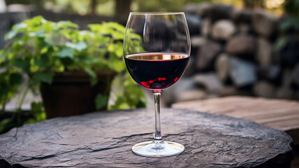 A half-full glass of red wine sitting on an outdoor stone patio, with blurred greenery in the background