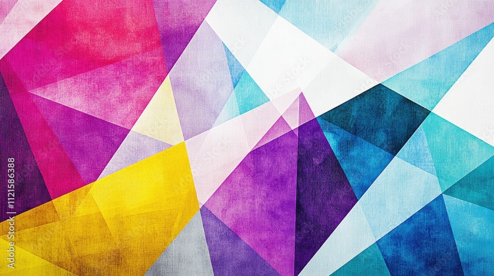 Poster an abstract geometric design of overlapping triangles and polygons in vibrant hues, creating a dynam