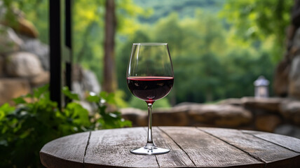 Sitting on a stone patio outside, a half-full glass of red wine with hazy vegetation in the backdrop