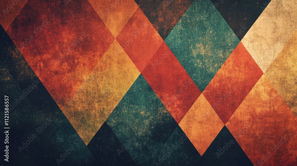 Poster an abstract geometric design of overlapping triangles and polygons in vibrant hues, creating a dynam