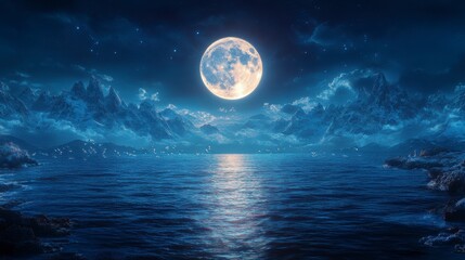 Nighttime Moonlit Mountains over a Serene Ocean