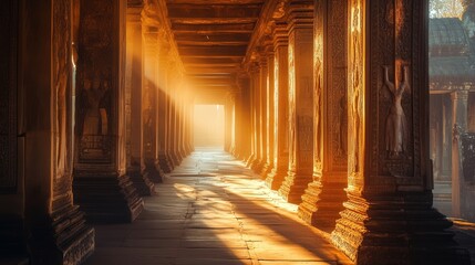 Fototapeta premium a temple corridor, the walls adorned with elaborate art, each detail perfectly clear in the warm glow of natural light