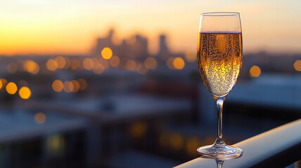 A sparkling wine glass on a balcony railing, with a blurred city skyline in the distance