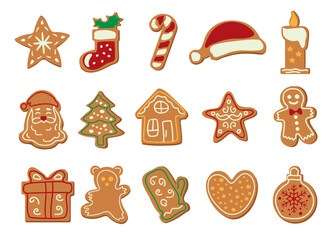 Large set of Christmas gingerbread with coloured icing Winter homemade desserts of different shapes Baking on white background Vector illustration