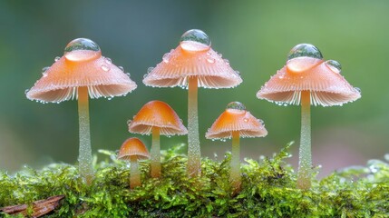 Fototapeta premium Dew-covered mushrooms growing on a mossy surface, with water droplets reflecting the light, creating a serene and tranquil scene